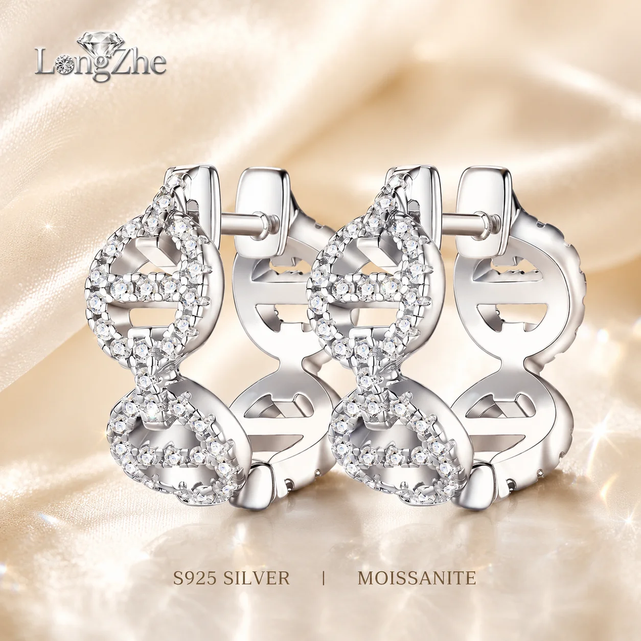 Moissanite Hoop Earrings for Women S925 Sterling Silver DNA Double Circle Huggie Pave D Color VVS1 Fine Jewelry GRA Certified