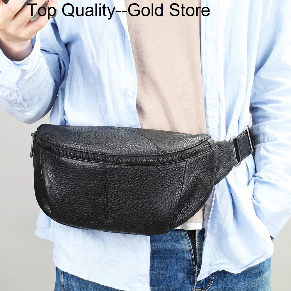 

Cowhide Men's Chest Bag Leather Belt Pouch Fanny Waist Pack 7.9 Inch iPad Shoulder Husband Sling Cross Body Slingback