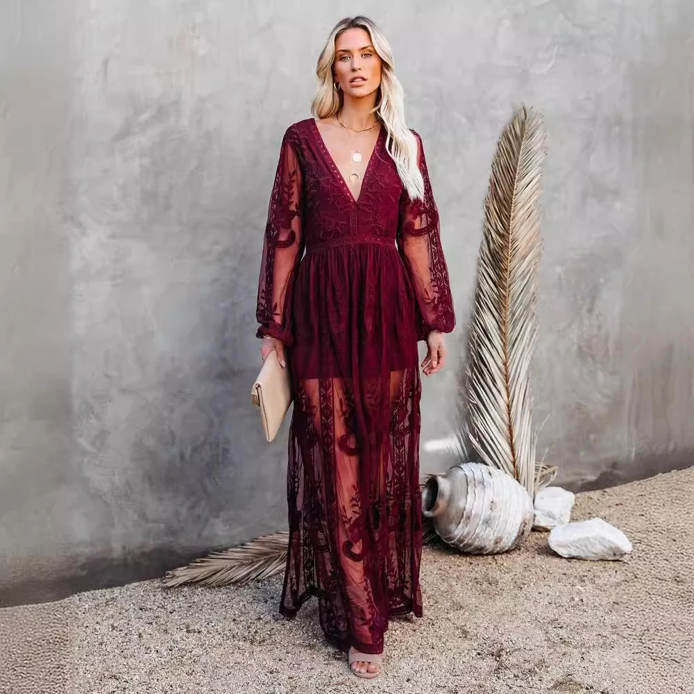 Boho dentelle Sexy col en V profond robe de soirée couleur unie classique une ligne robe décontractée pour la fête de mariage délicat côté fendu porter