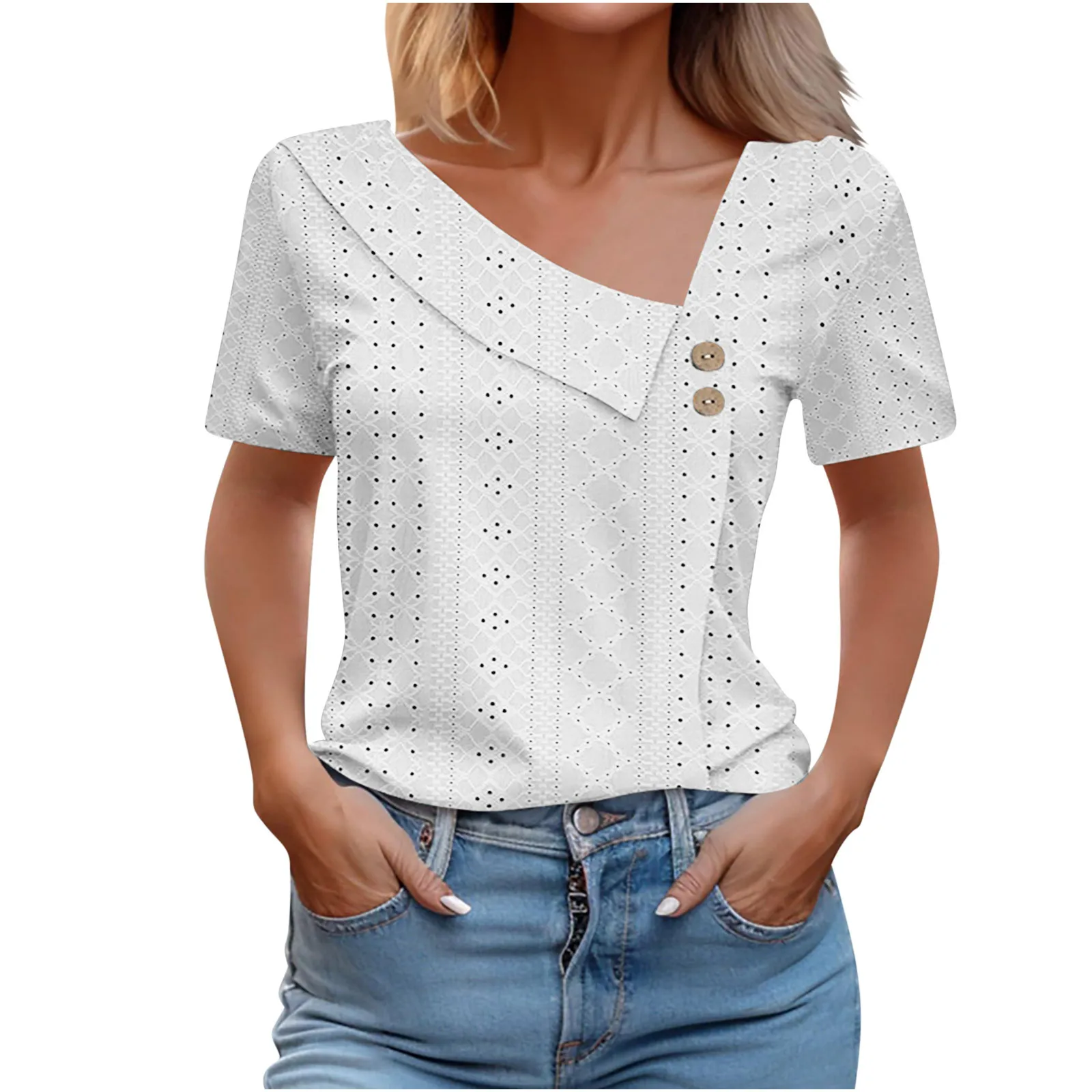 

Women Fashion Short Sleeve Casual T Shirt V Neck Buttons Tee Hollow Out Loose Women T-Shirts White 2025 Streetwear Blusas