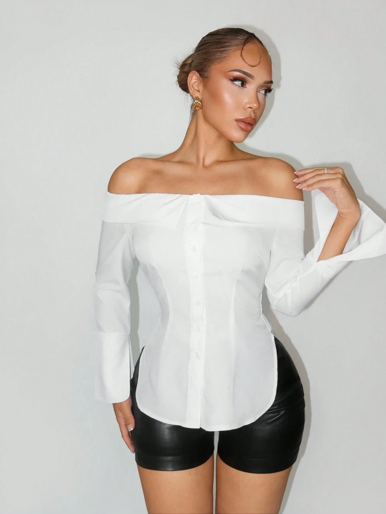 

Women Off Shoulder Fitted Blouse With Split Hem Casual Sexy Top