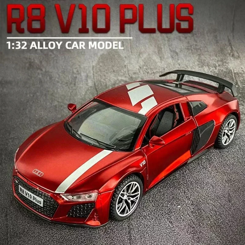 Audi R8 e V10 Plus Modelo de carro de liga supercarro, Diecasts Veículo de brinquedo metálico, Luz e som, Simulação Pull Back, Coleção Presentes, 1:32