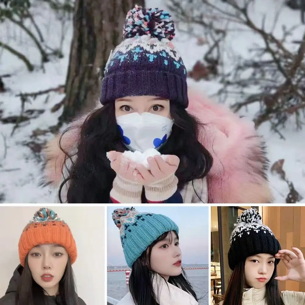 

Fashion Warm Winter Hat Thickened Elastic Knitted Cap Casual Ear Protection Pompoms Hat Outdoor