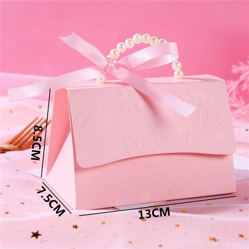 10/20Pcs Fresh Bag Shape Candy Box With Pearl Handle Wedding Sweet Favor Gift Packaging Box With Ribbon Birthday Party Supplies