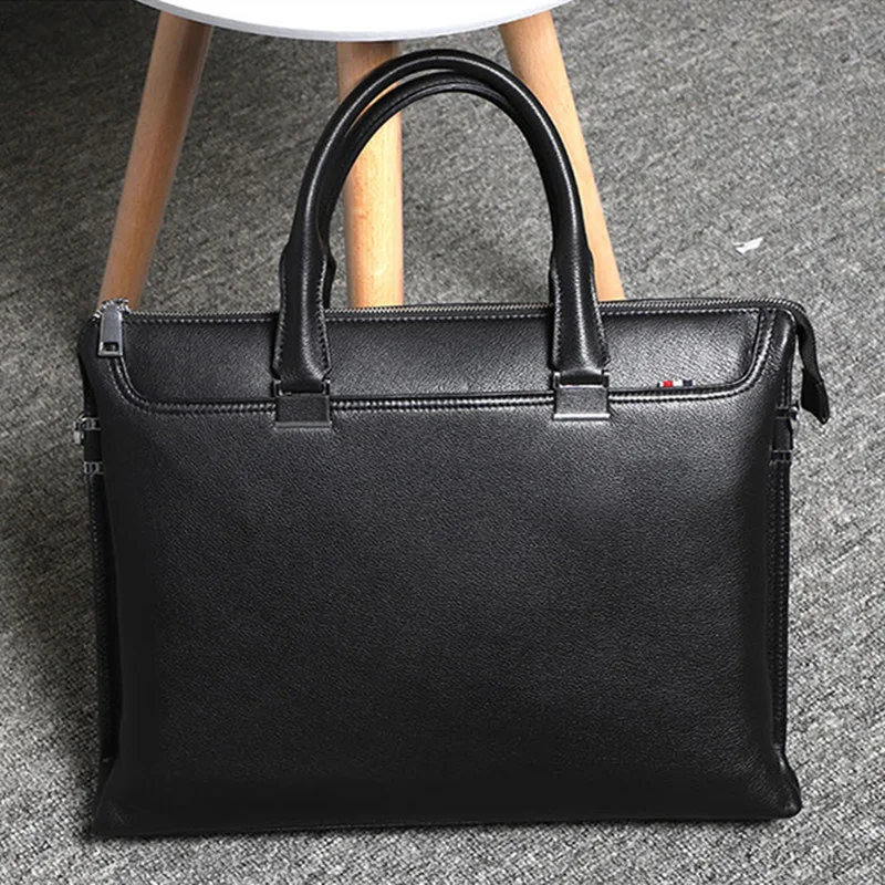 Luxury brand design cowhide men business bag briefcase natural cowskin laptop office black hand man shoulder bolso hombre