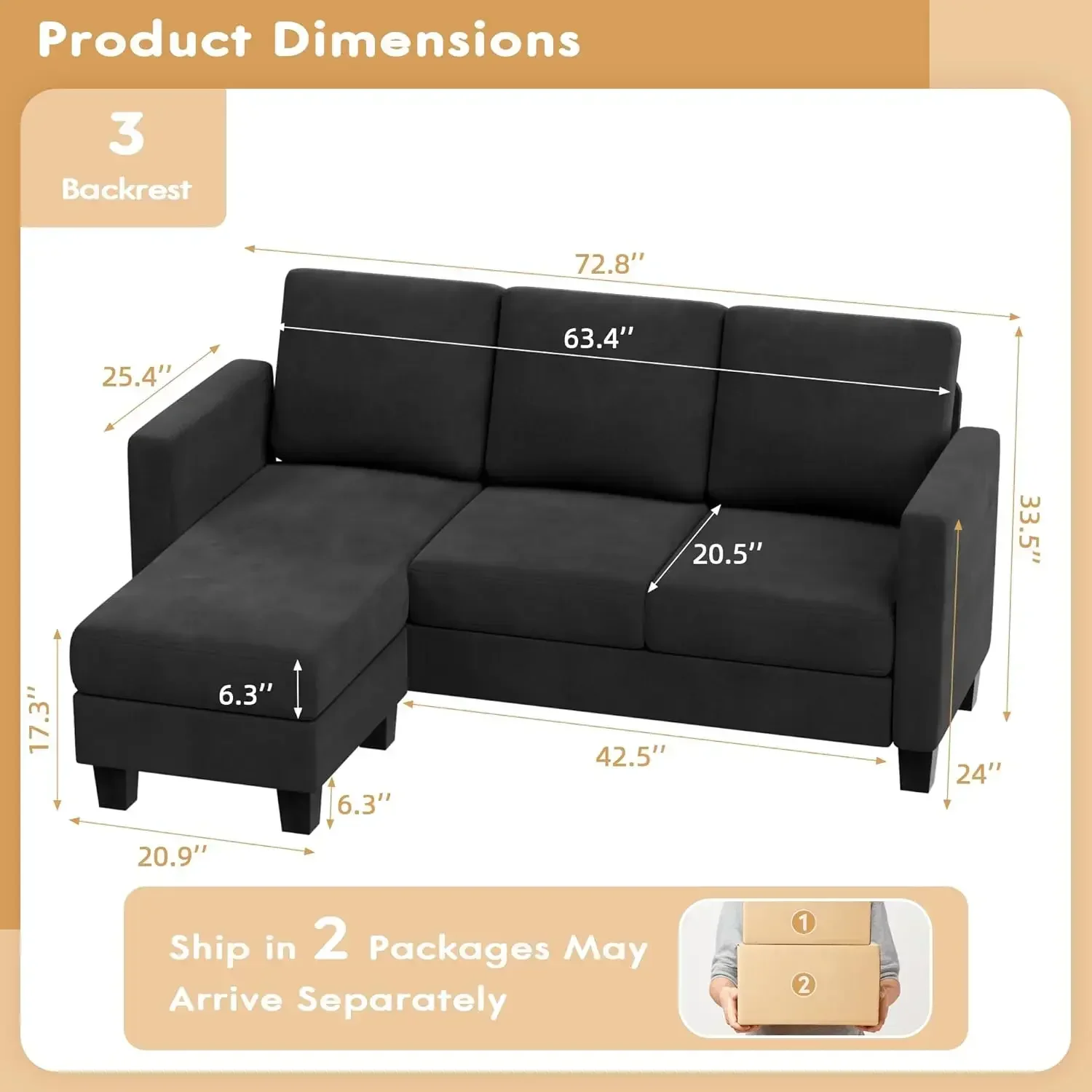 Sectional Sofa Couch 3 seat L-Shaped Sectional Sofa  Small Apartments, Living Rooms and Offices (Declare, Deep Grey)