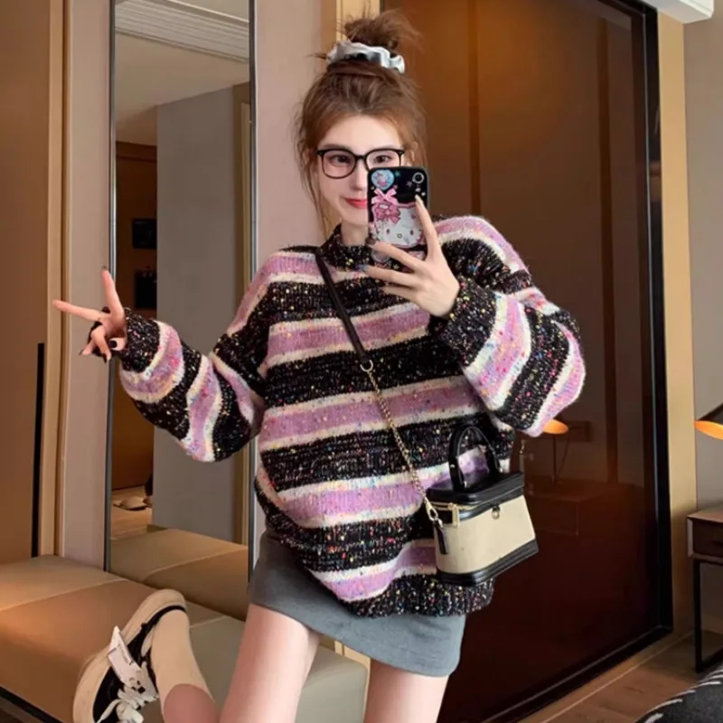 

Shpmishal Purple Stripe Sweater Women's Autumn and Winter 2023 New Lazy Style Thickened Bottom Pullover Knit Female Clothing