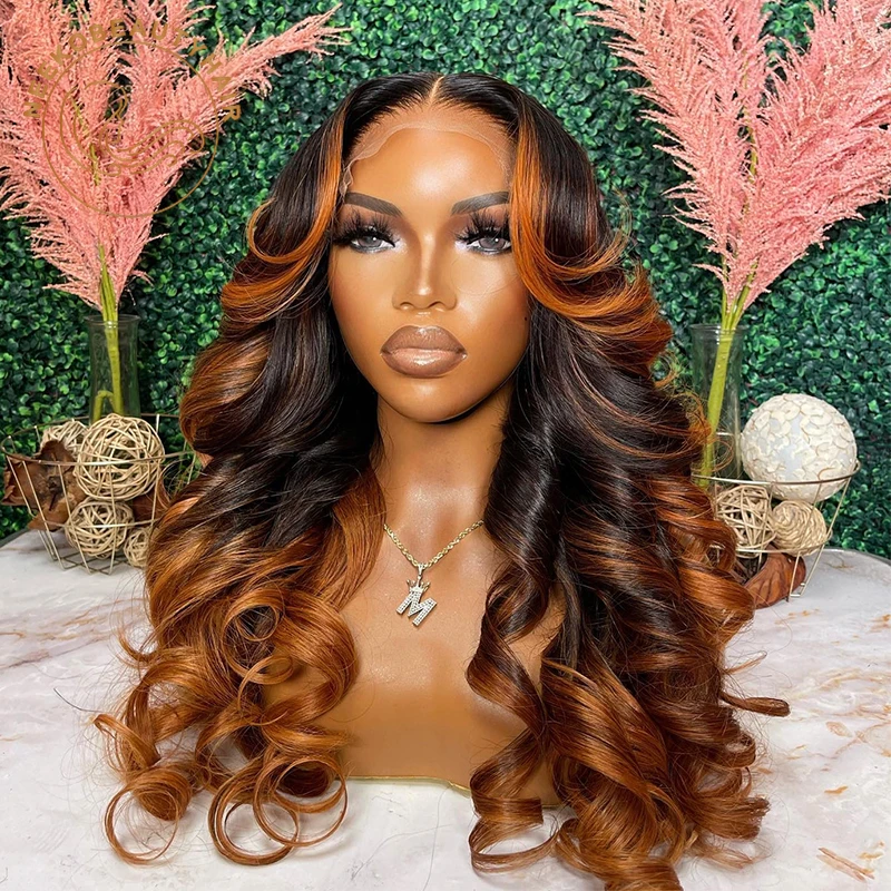 Ombre Ginger Brown Colored 13x6 Transparent Lace Frontal Wig Pre-Plucked Highlight Lace Front Human Hair Wigs For Women