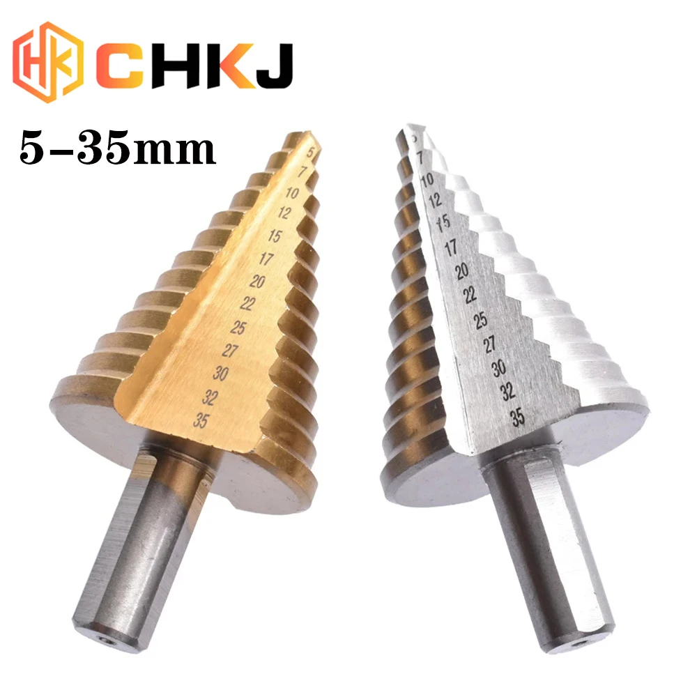 

CHKJ Pagoda Drill Bit 1PCS 5-35mm High-speed Steel Triangular Handle Straight Groove Round Shank Step Drill Bit HSS