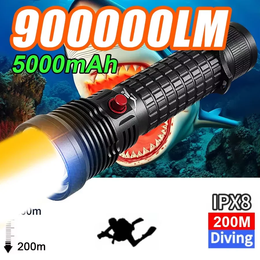 2026 Professional Diving Flashlight USB Rechargeable Torch IPX8 Waterproof Diving Lamp Built-in Battery Underwater Diving Torch