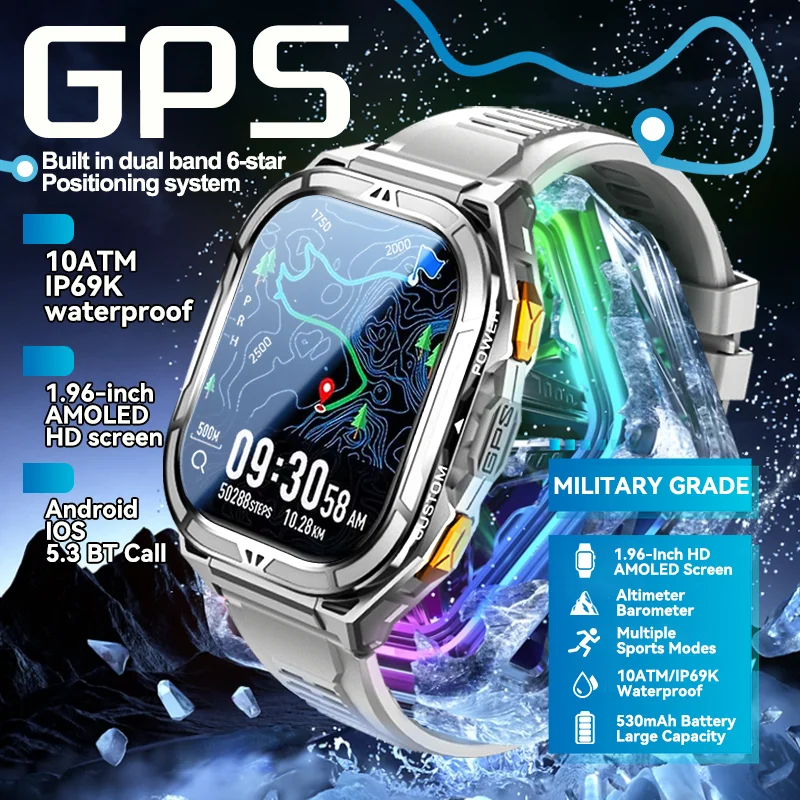 

2025 Новые мужские умные часы TREX3 с GPS, 10 АТМ, водонепроницаемые, альтиметр, компас, аккумулятор 530 мАч, 1,96 дюйма, спортивные часы с HD-вызовом для Huawei