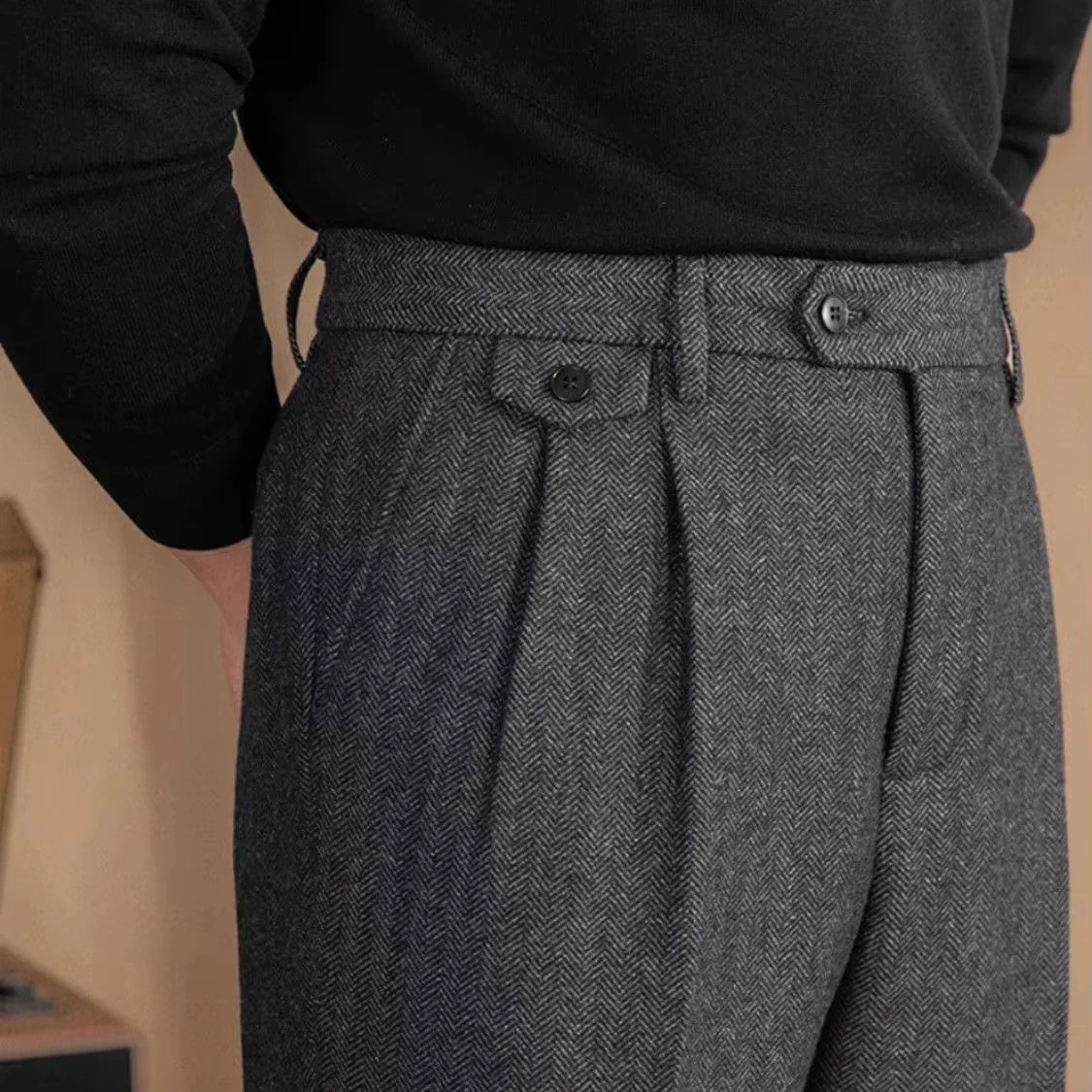 Celana Setelan Vintage Italia untuk Pria Celana Panjang Lurus Pola Herringbone Wol Musim Gugur Musim Dingin Celana Panjang Kasual Gaya Inggris