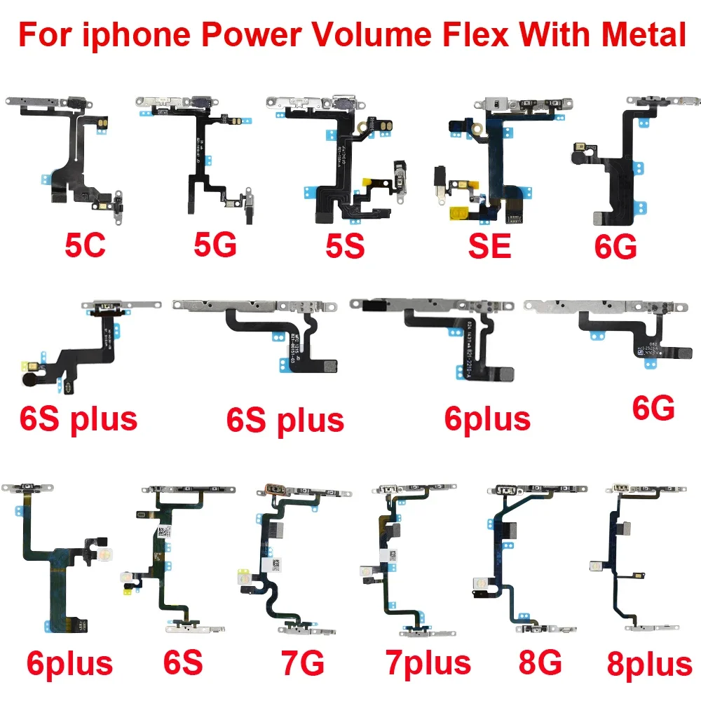 

1pcs New High Quality Power Flex with Metal Holder For iPhone 5 5S 6 6s 7 8 Plus Mute Switch Power Volume Button Flex Cable