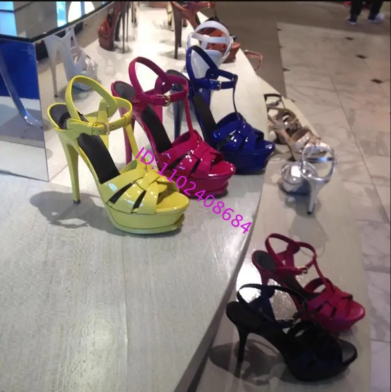 Women Summer Platform High Heel Sandals Sexy Candy Leather Super High Heel Stiletto Open Toe T-Strap Women Platform Sandal