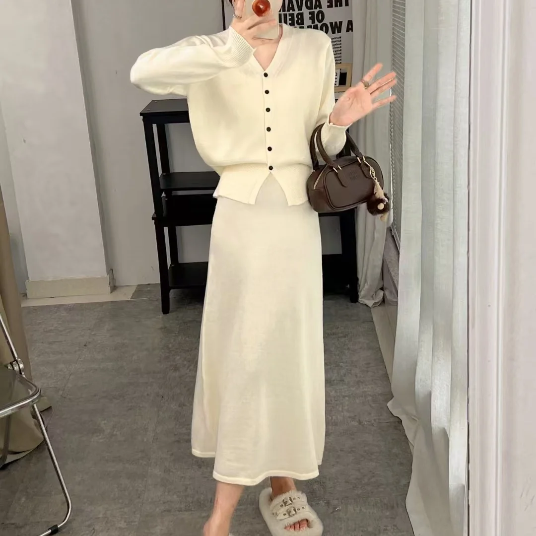 Sweet Girl Casual Suit Women\'s Winter Solid V-neck Sweater Coat Elastic Waist A-line Long Skirt Two-piece Set Female Clothes