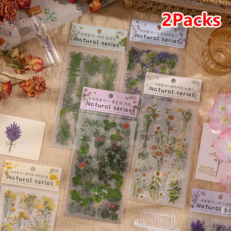[YU] 12매 2팩 투명 PET 스티커 스크랩북 재료 DIY 저널 콜라주 꽃 잎 식물 장식 스티커
