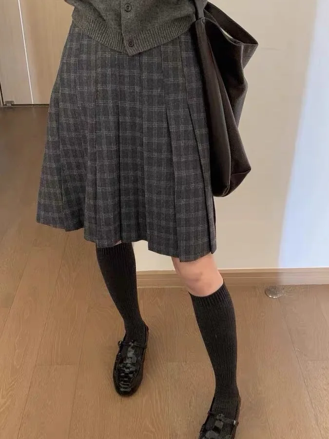 Retro Woolen Plaid Skirt High Waist Pleated Mid-length Autumn Winter plus Size Grey Half-length Skirt for Tall Women
