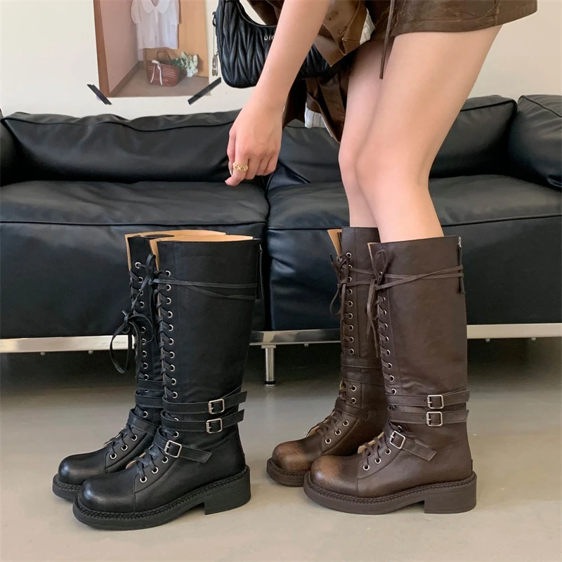 

Aneikeh модные сапоги до колена в стиле панк на низком каблуке с перекрестными ремешками, женские дизайнерские туфли на молнии с пряжкой на ремне и круглым носком