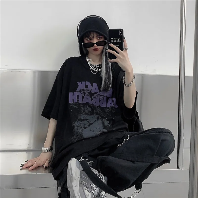 T-shirt w za dużym rozmiarze kobiety Y2K Grunge lato Goth kobiet T koszula kobiet luźny T-shirt Y2k druku główna ulica topy ubrania w stylu Harajuku
