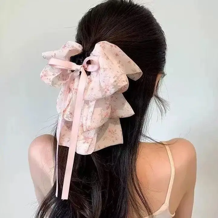 New Elegant Women Large Bow Hair Claw Chiffon Big Bowknot Stain Bow Barrettes Hairpin Women Color Ponytail Clip Hair Accessories