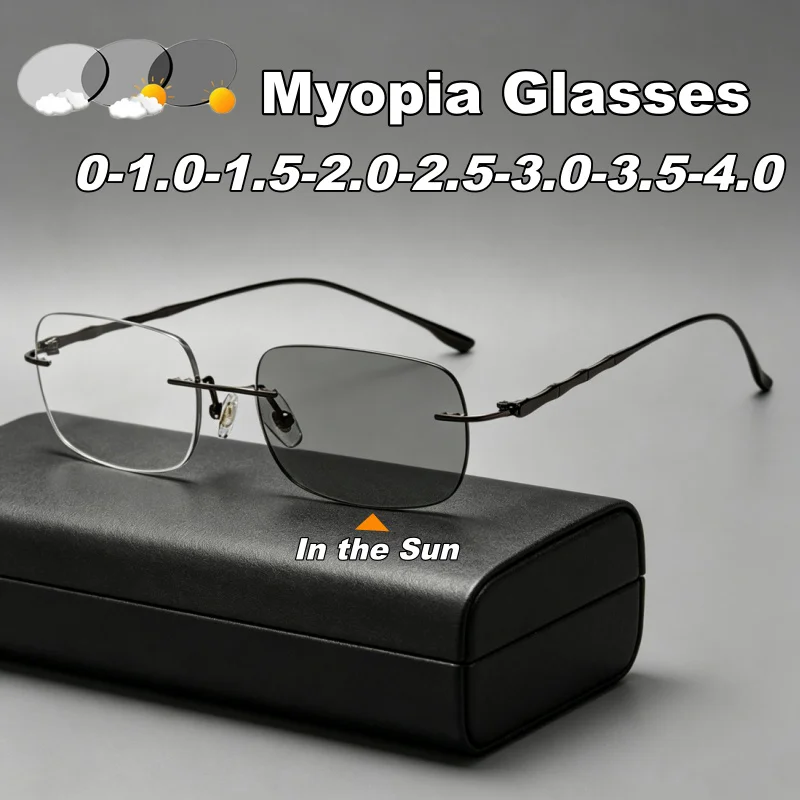 

Fashionable Frameless Photochromic Myopia Glasses Women's INS Style Blue Light Blocking and UV Protection Short Sight Glasses