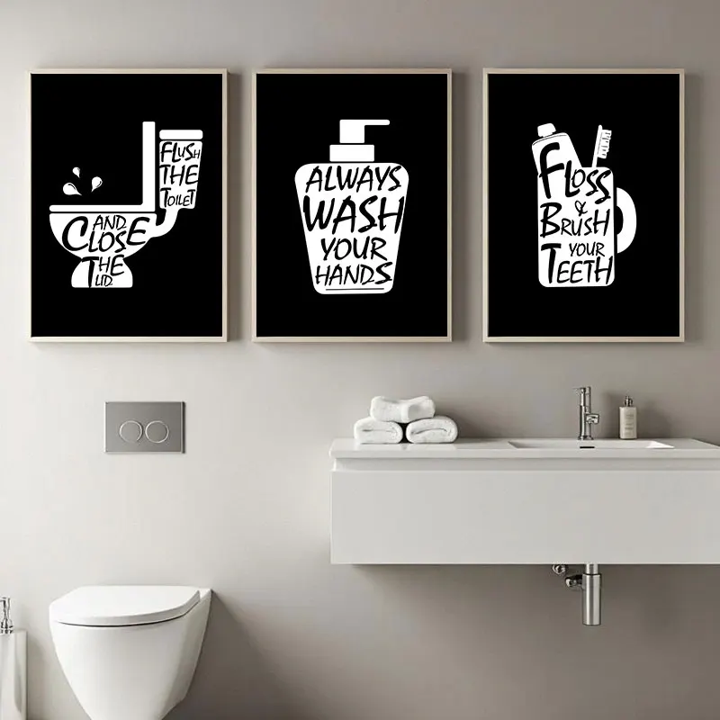 Black White Bathroom Canvas Art Poster Print Simple Prompt Words Quotes Wall Decorative Picture for Toilet Modern Home Decor