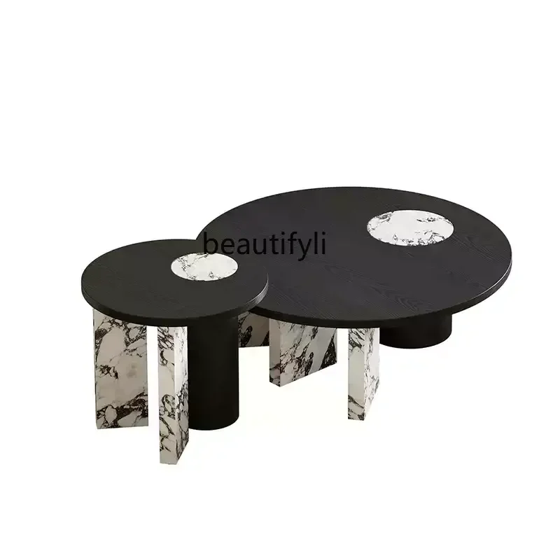 

Retro coffee table living room household light luxury small apartment combination marble solid wood