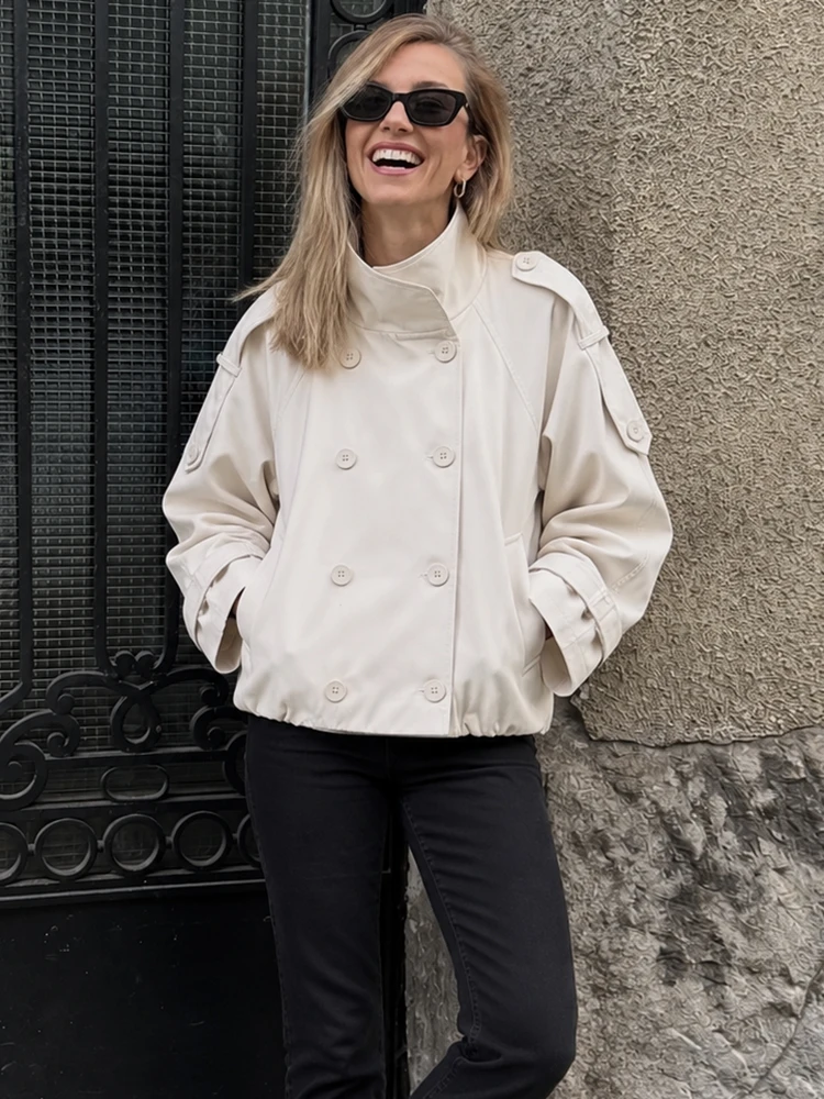 HH Women Spring Fall Cropped Trench Coat Double‑Breasted  Adjustable Strap Cuffs Loose Outerwear For Date Street Business Daily