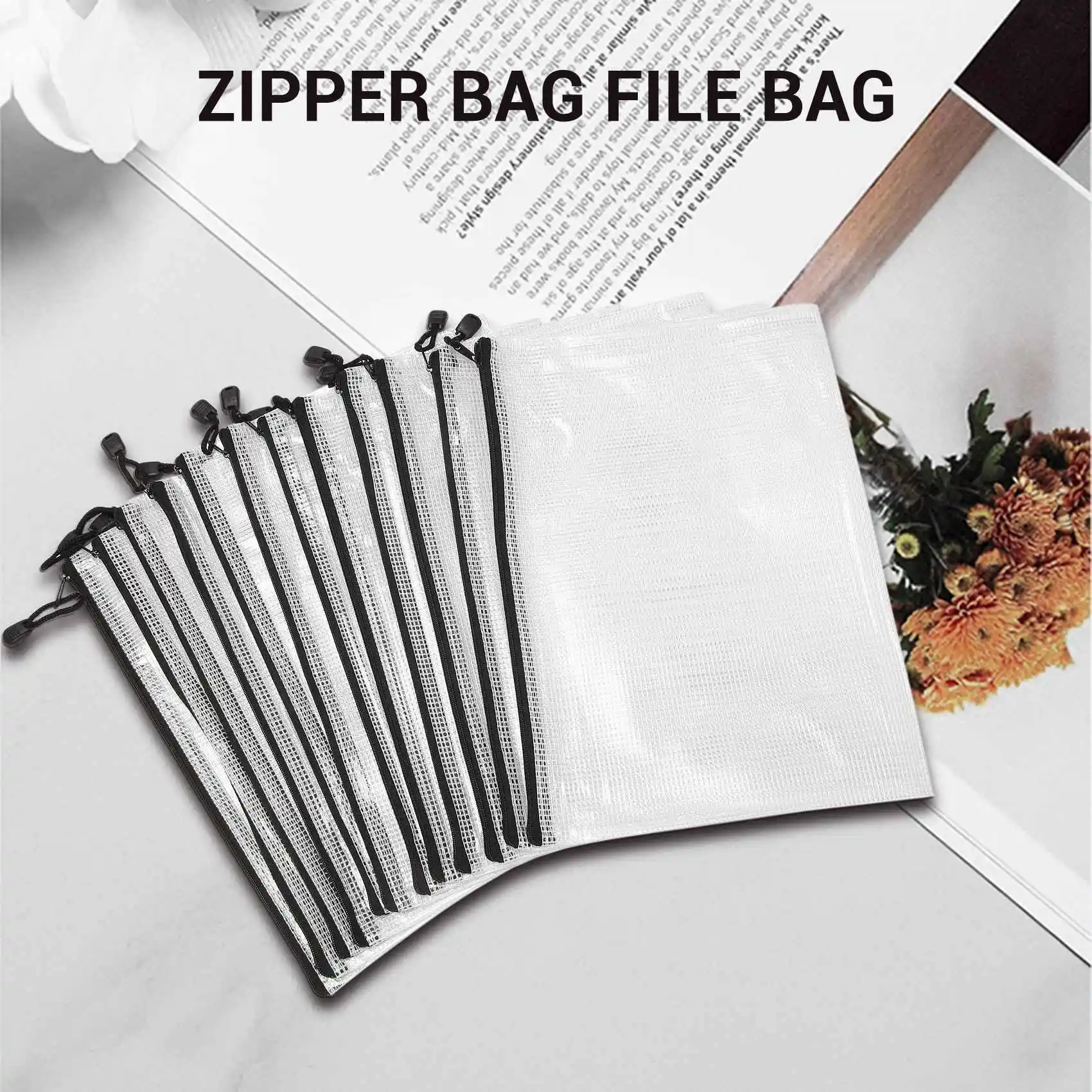 12 Pcs Zipper File Bag A4 Zipper Mesh Bag Board Game Storage Bag PVC File Bag Storage Bag (34CMx24CM)