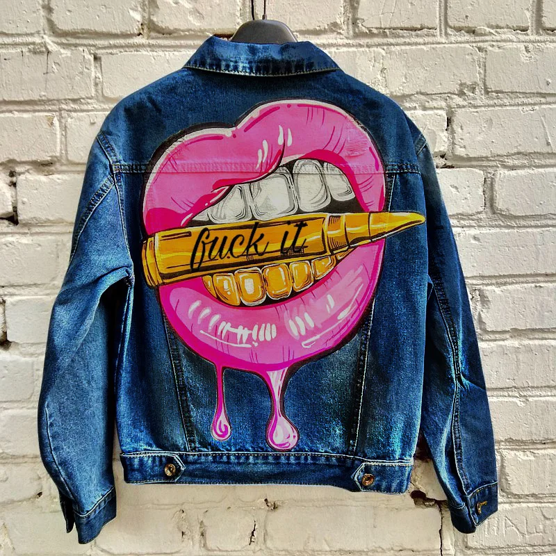 

Stylewomen's Denim Jacketwomen's New 2024 Autumn/Winter New Spicy Girls Street Fashion Personalized Print Lip Bite Bullet Patter