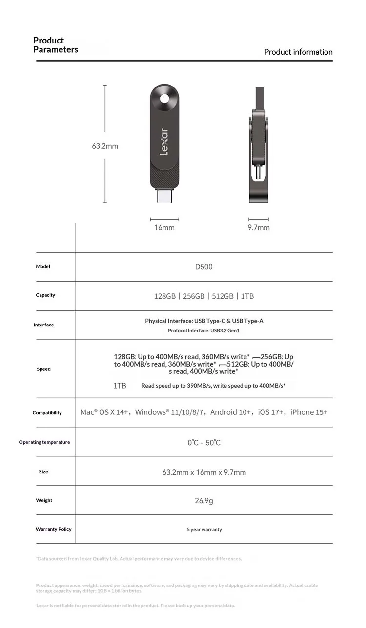 Lexar JumpDrive D500 USB3.2 Gen1 400 MB/s Typ-C USB-A 2-in-1 Solid-State-Stick 128 GB 256 GB 512 GB 1 TB für Telefon, Laptop, PC – Detail 11