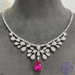 WUIHA Vintage Pear Cut Ruby Lab Sapphire High Carbon Diamonds Gemstone Necklaces Cocktail 100% 925 Sterling Silver Fine Jewelry