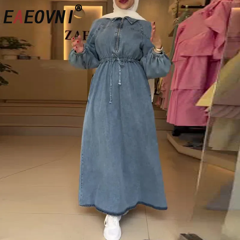 

EAEOVNI модное джинсовое длинное платье для женщин с лацканами и рукавами-фонариками на шнурке, со сборкой на талии, платья трапециевидной формы, элегантная одежда