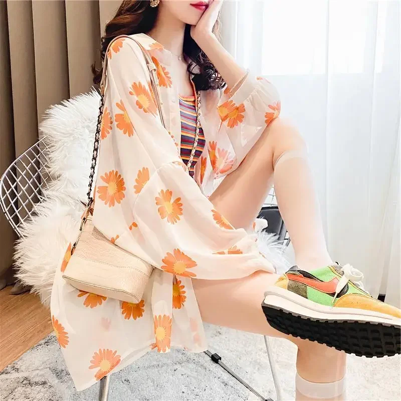 Blouses Fashion Causal Print Women Elegant Turn-down Collar Button Oversize Shirts Spring Autumn Clothing 2024