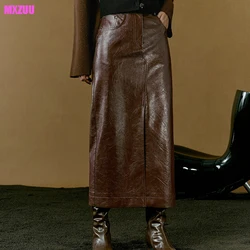 Genuine Leather Long Skirts for Women Spring New Oil Wax Leather Cowhide Pocket Front Split Wrap Hip Slim Straight Flada Fashion