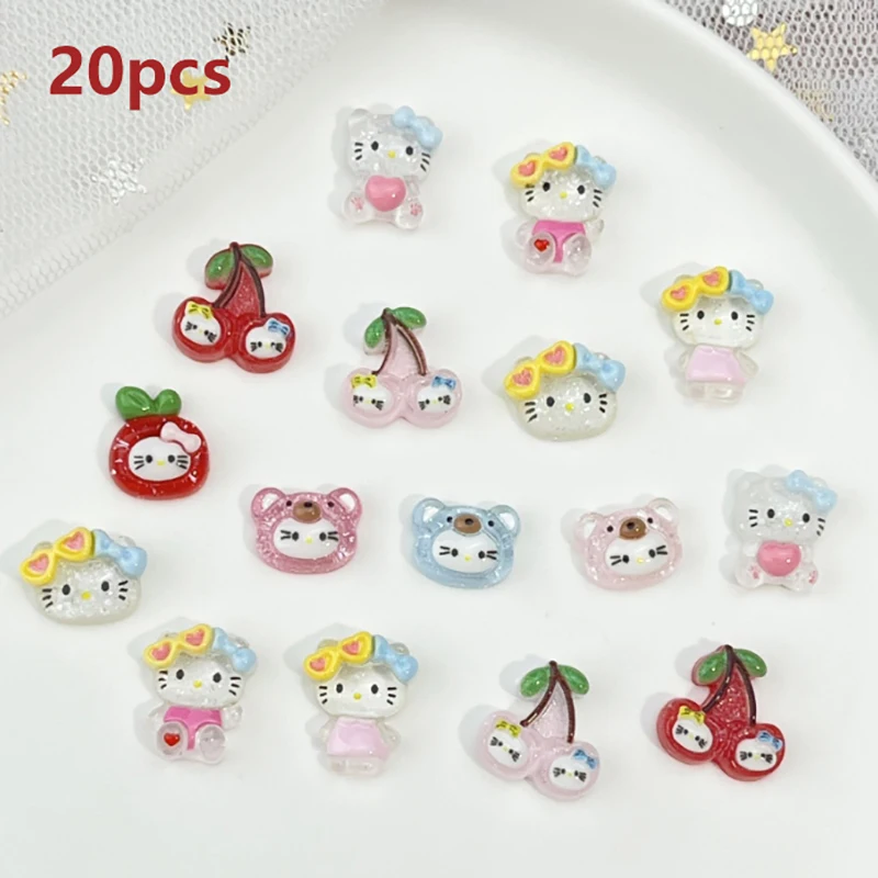 20PCS Sanrio Hello Kitty Ice Transparent Fine Shining Nail Art Cartoon 3D Cherry Hawaiian Dress Up Series Girl Cute Nail Accesso