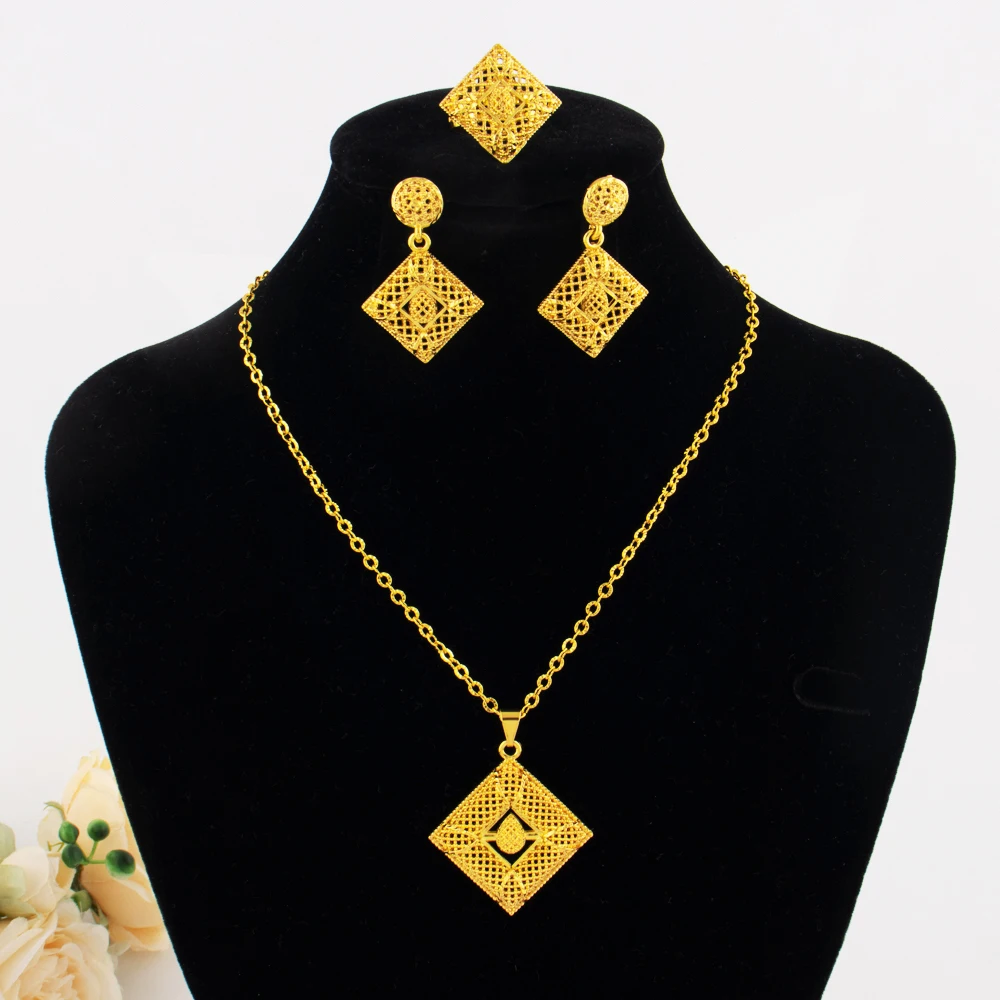 

YM Gold Color Hollow Out Women Jewelry Set Mid East Dubai Earrings Ring Nigeria Necklace Jewelry Wholesale Gift for Mother's Day
