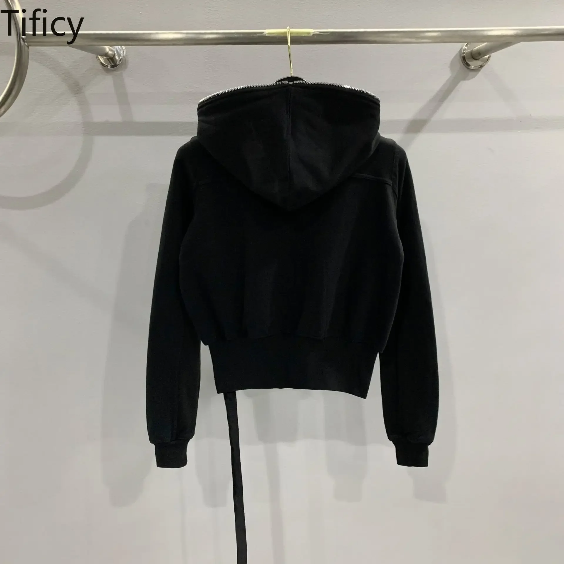 TIFICY High Street Casaco feminino com capuz preto escuro Chapéu de feiticeiro Mangas caneladas Preto Zíper Algodão Cor sólida Moletons com capuz