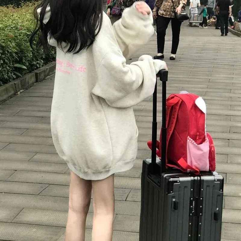 أنيقة كبيرة الحجم جيب أمامي هوديس المرأة خمر فضفاض الترفيه زائد المخملية القمم الطلاب لينة مضلع موضة الشتاء إلكتروني طباعة