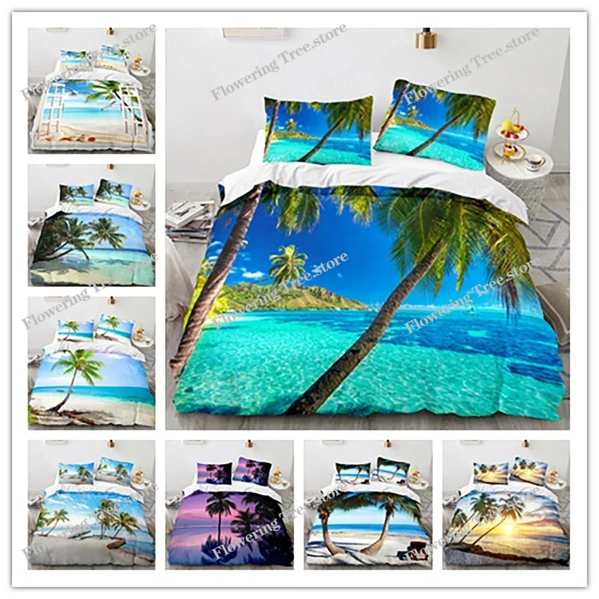 

3D Printed Sea View Coconut Bedding Set Pillowcase Duvet Cover Double Twin Full Queen King Adult Kids Bedclothes Quilt Cover