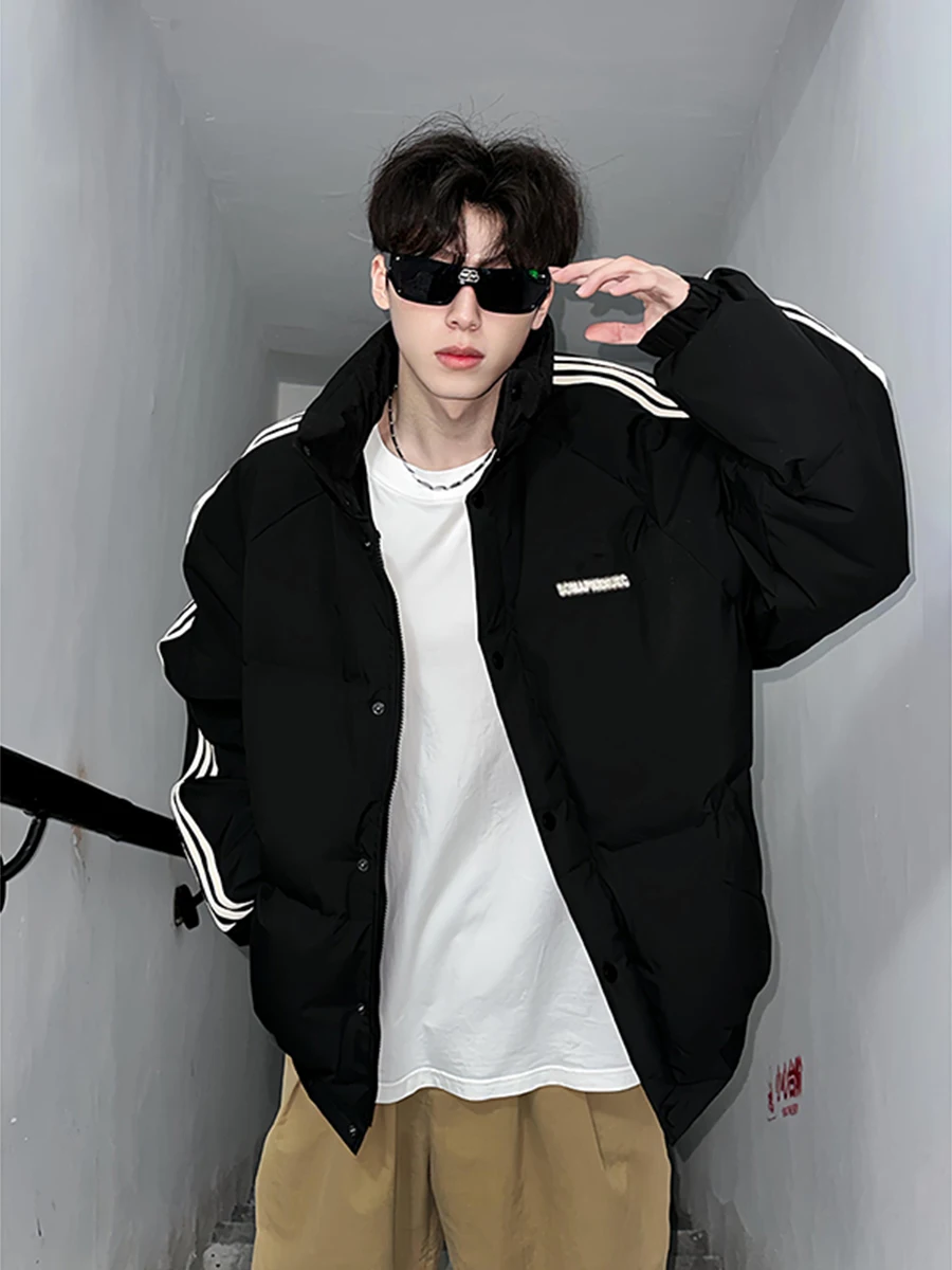 

Men's Cotton Jaet Stand Collar Winter Warmth Bread Sle Tee Bars Stripes Cleanfit Long Sve Zipper Closure Casual Coat