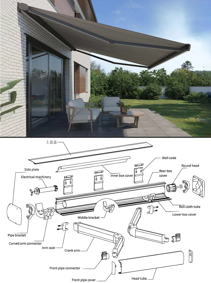 Electric Retract Awning Wall Holding Aluminum Shade Full Cassette Retractable Awning 4/1.5 Meter Outdoor Awning