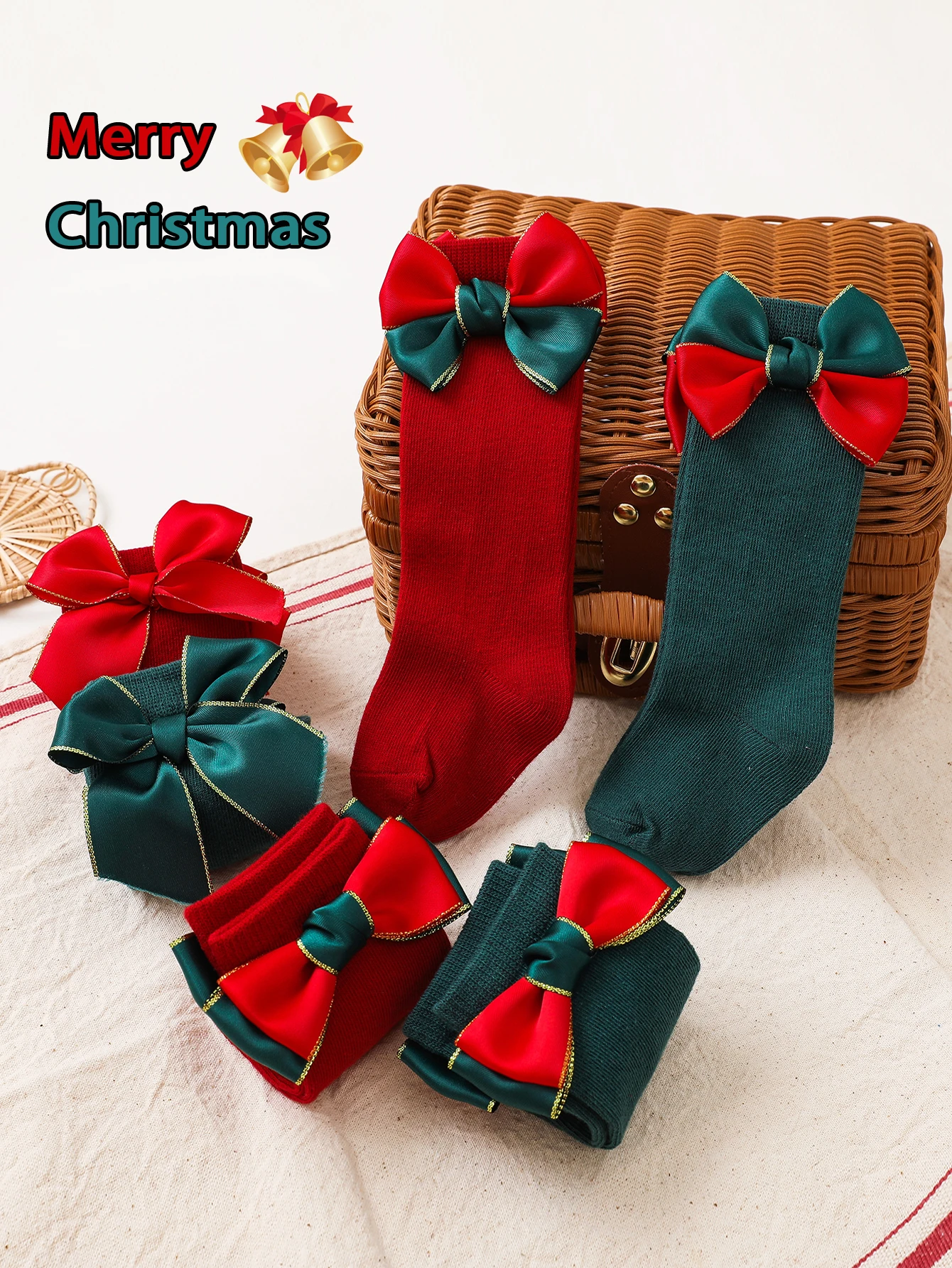 

2 Pairs Kids Solid Color Socks with Bowknot Decorations, Soft Mid-Calf Stockings for 6-72 Months Girls to Wear during Christmas