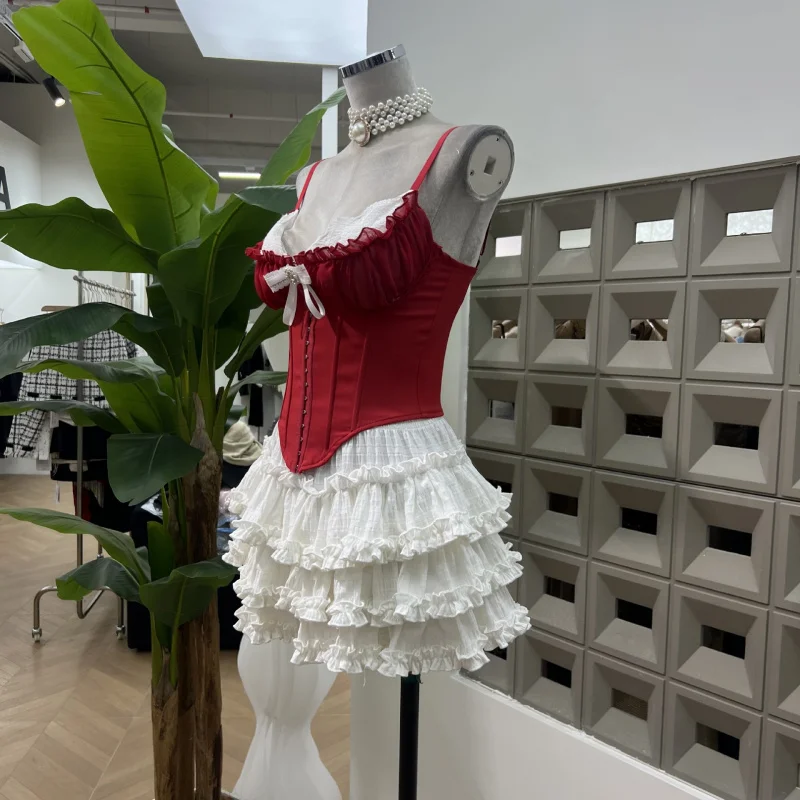 Setelan Tiga Potong: Rok Rajut Anti Tembus Pandang Model Fishbone Slim Fit Strap Cake Girl, Cardigan Berkerah V