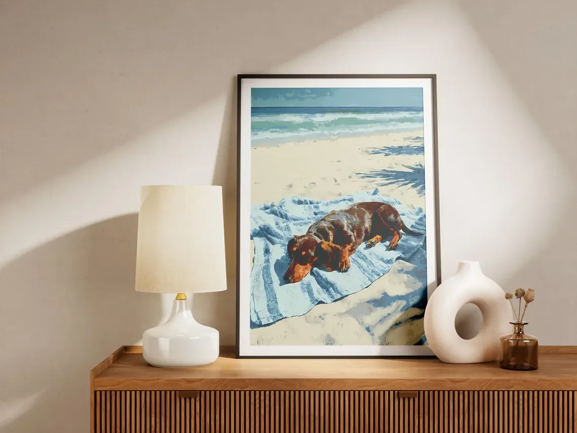 Sleepy Dachshund Dog Beach Art Print Coastal Ocean Summer Vacation Pet Lover Wall Decor Poster Relaxing Wiener Dog Artwork