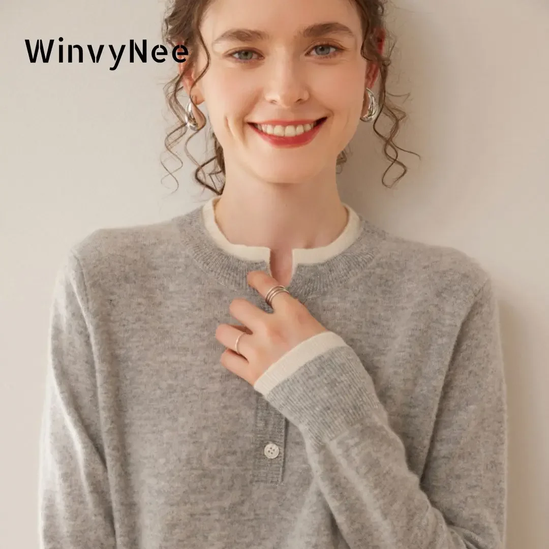 

WinvyNee Women Cashmere Wool Sweater Little V Neck with Buttons Loose Solid Tops Sweaters Casual Pullover Jumper Spring A1464026