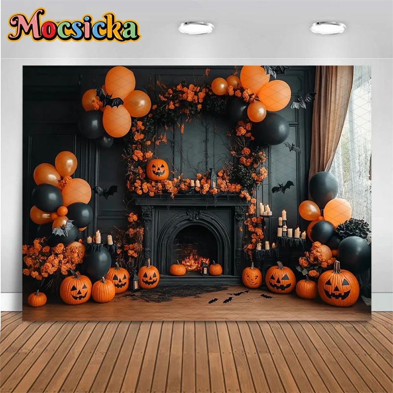 Tła Mocsicka Halloween Dynia Czarny Kominek Pomarańczowe Balony Tła Imprezowe Fotografia Wewnętrzne Dekoracje Nietoperze Baner