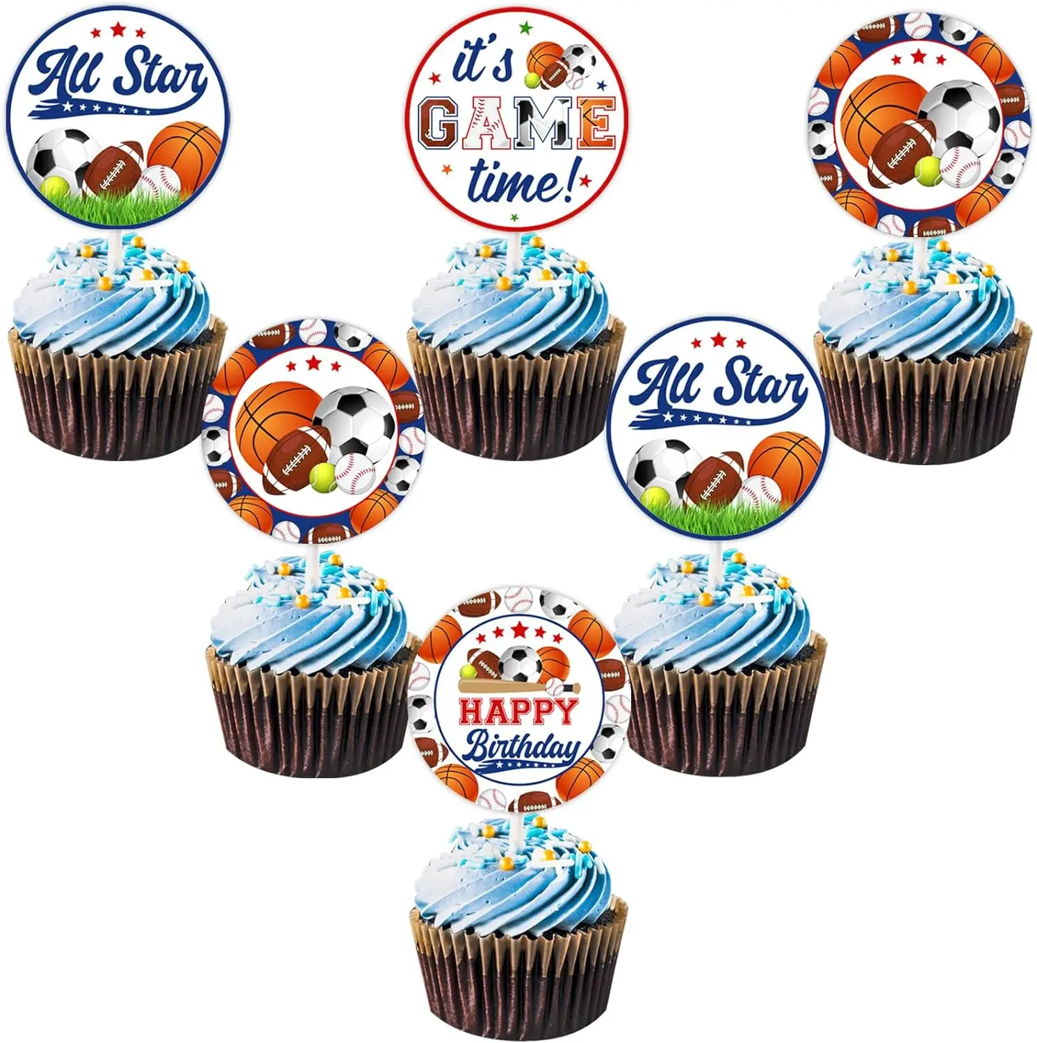 Sports Birthday Cupcake Toppers All Star Cake Decor Its Game Time Birthday Decor, Sport Themed Happy Birthday Party Supplies