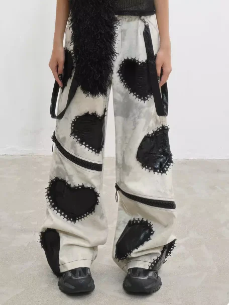 

New Original Harajuku Gothic Pants for Girl, Casual Grey Zipper Stitching Pants, Fashion High Waist Loose Pants, Streetwear