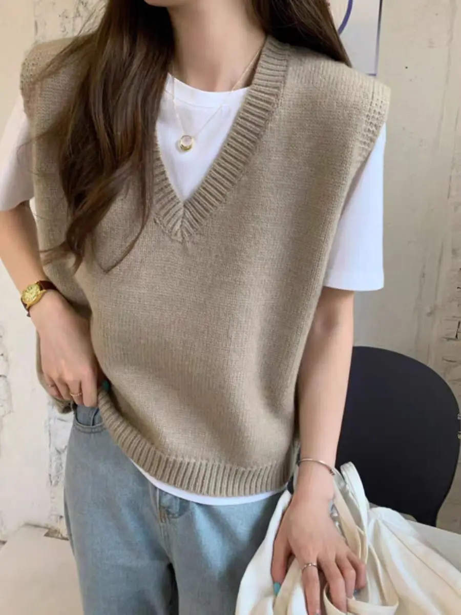 

100% Merino Wool Women's V-neck Vest Pullover'Autumn Winter Casual Fashion Knitted Cashmere Sleeveless Sweater